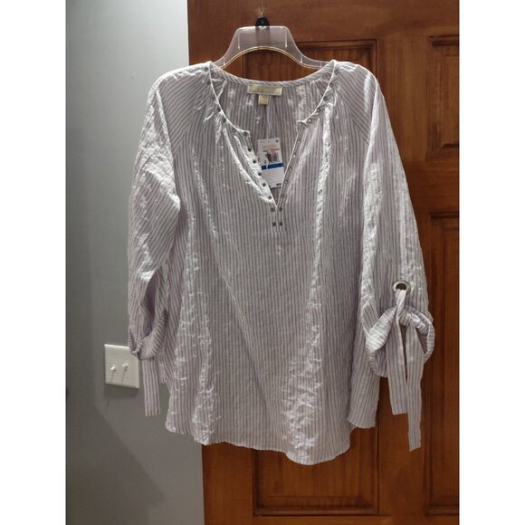 Michael Kors Women's Tunic Style Relaxed Shirt with Purple Stripe - Picture 1 of 3